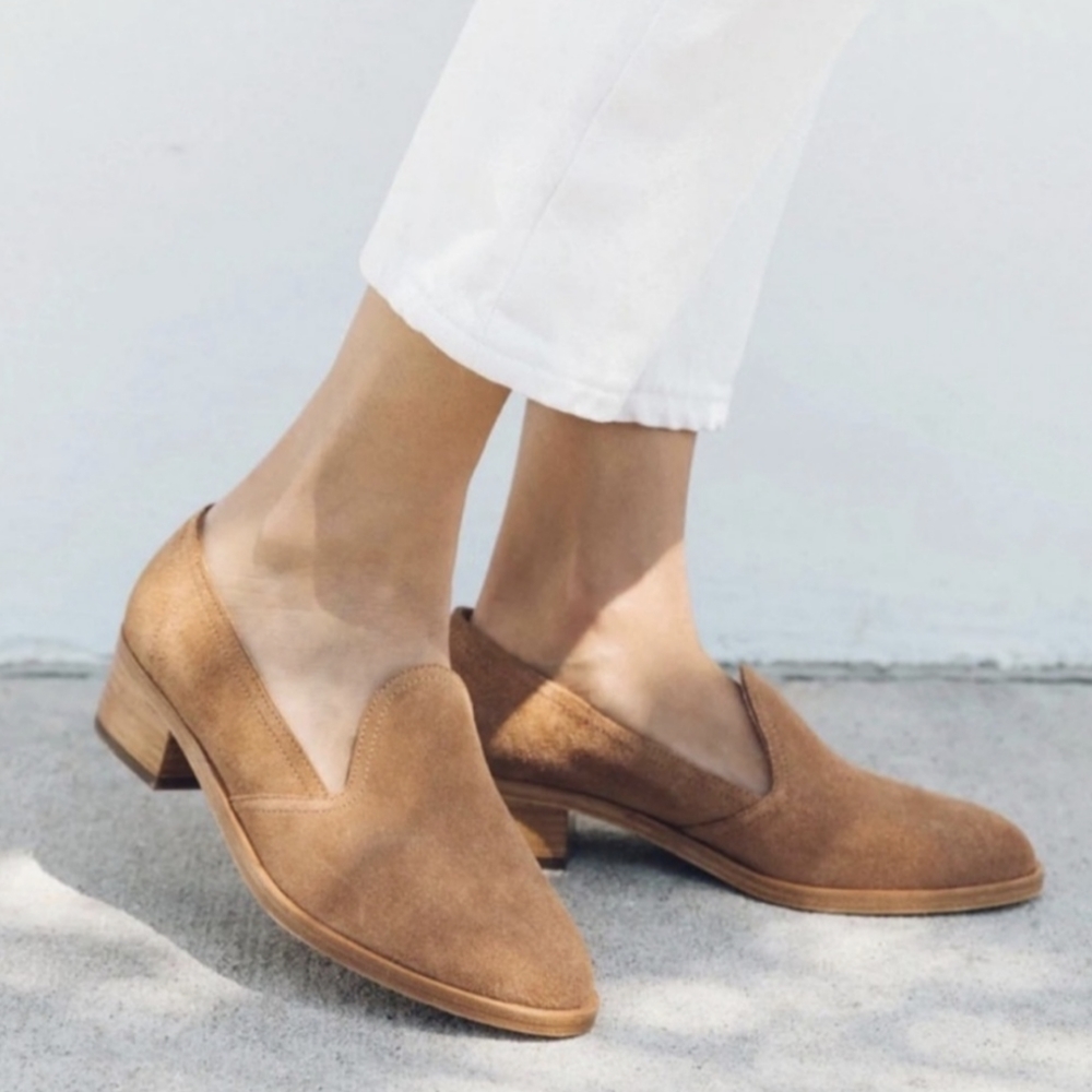 SOLUDOS Sophia Tan Leather Suede Block Heel Loafers Size 7